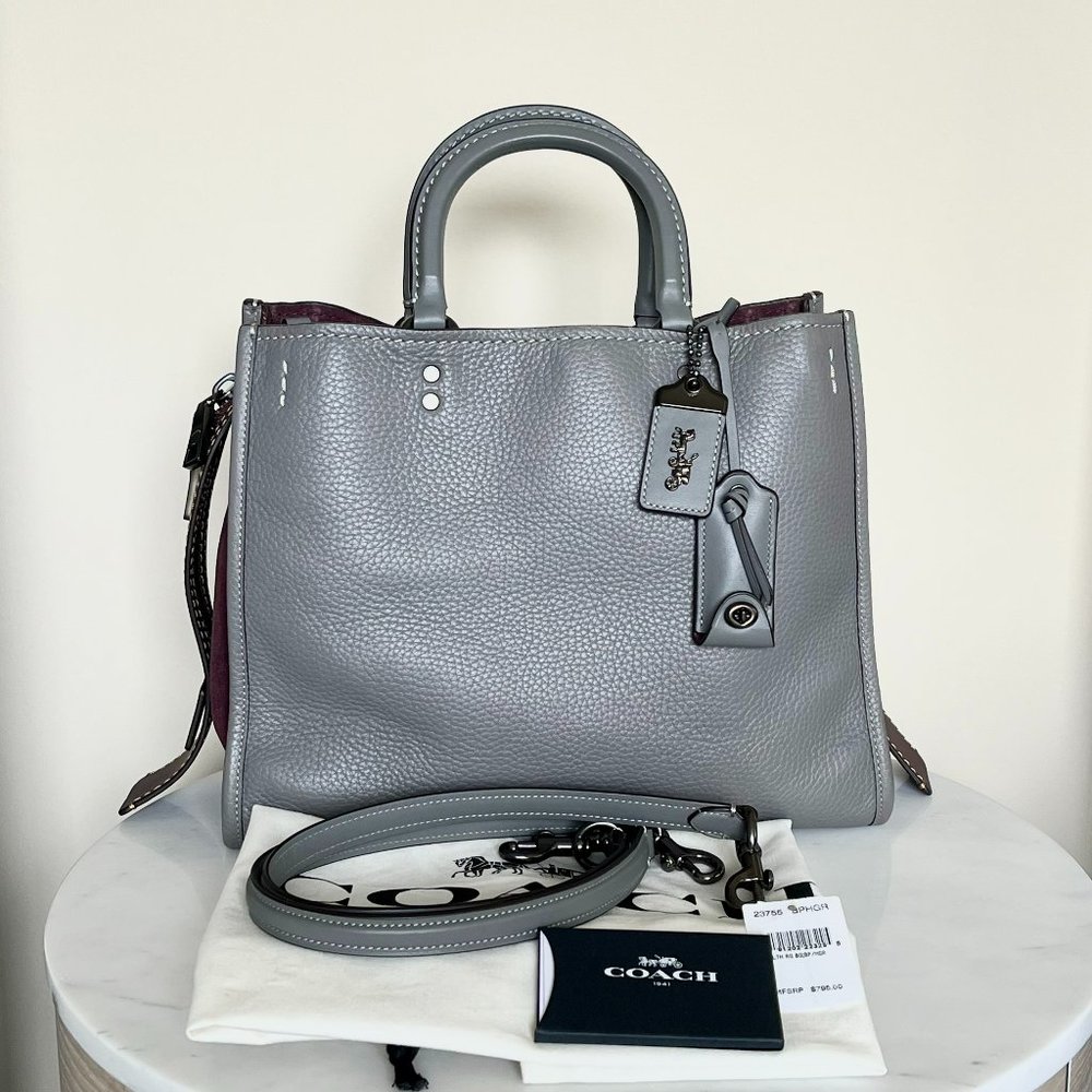 Coach Rogue 25 Grey Purple Colorblock Genuine Pebble Leather Satchels Handbags